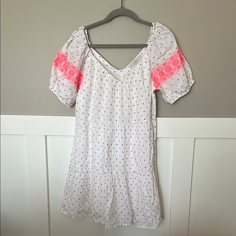 Ann Taylor LOFT White Dress with Pink Polka Dots Embroidered Cover Up Babydoll